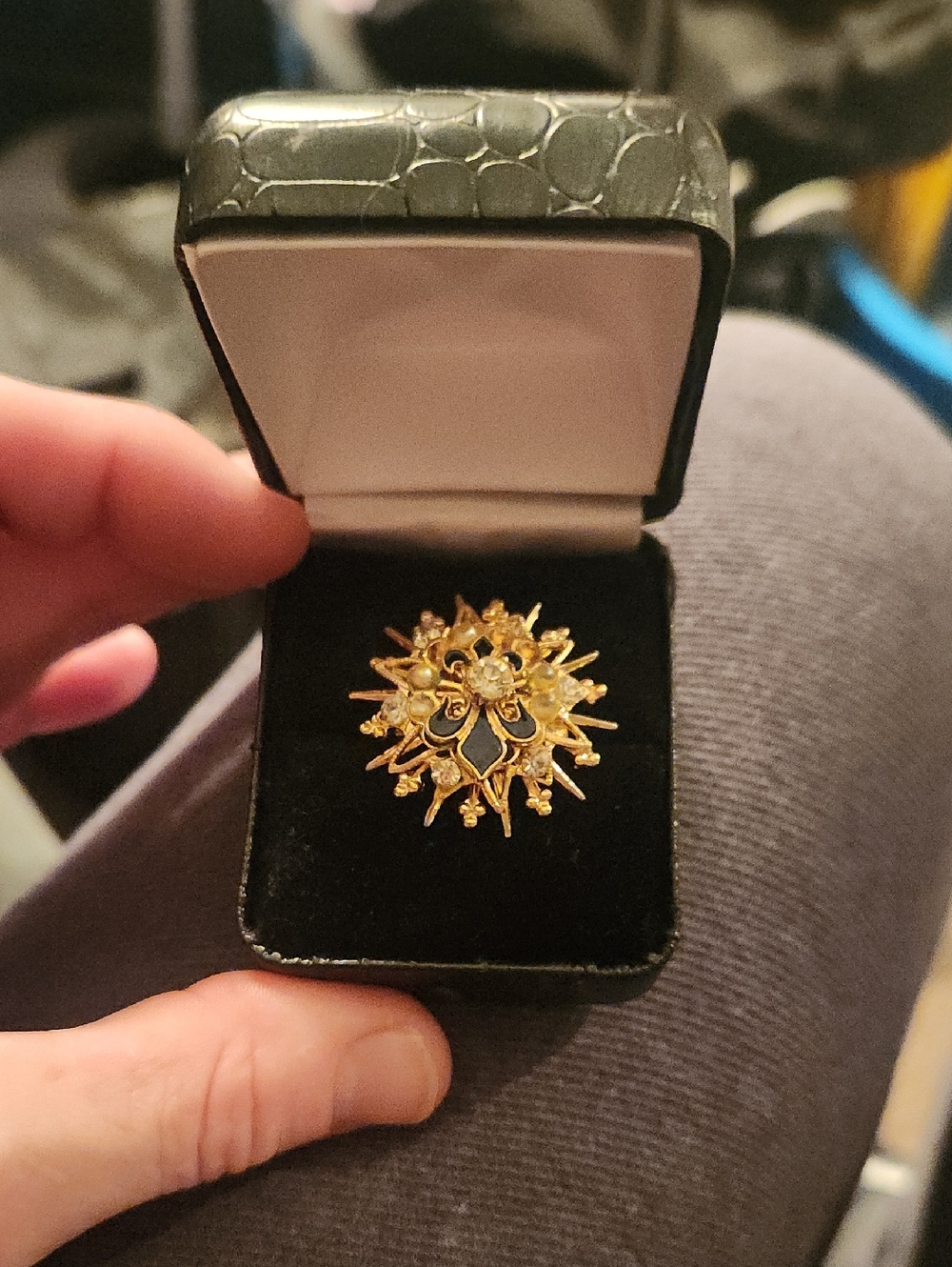 Vintage Gold Sunburst Brooch with Blue Enamel Accent